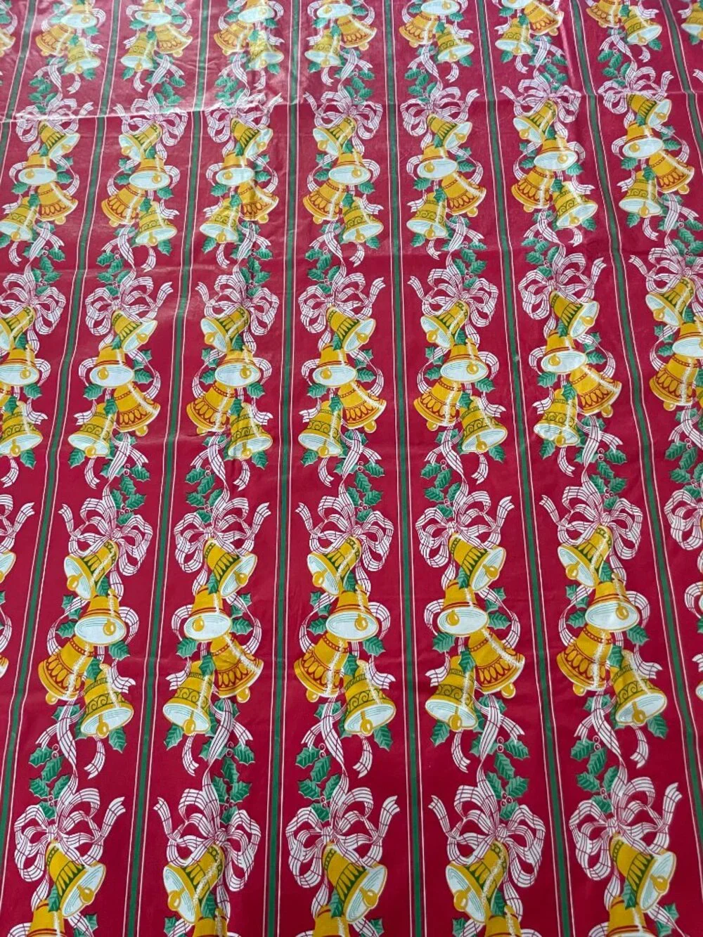 Vintage Vinyl Flannel Back Christmas Bells Tablecloth Holiday